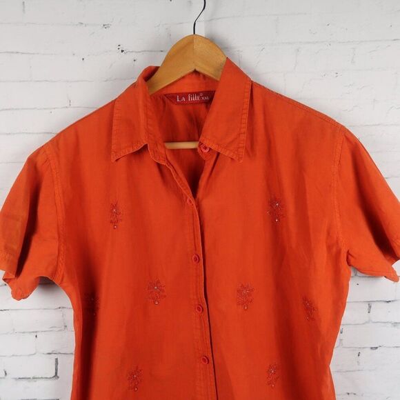 LA FILLE ORANGE SHORT SLEEVE BUTTON DOWN COTTON TOP WITH EMBROIDERED DETAIL - Picture 2 of 6
